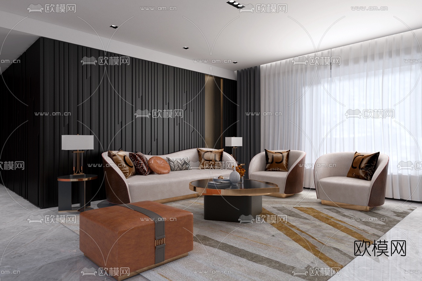 后现代轻奢沙发组合3d模型-免费3dmax模型库-欧模网