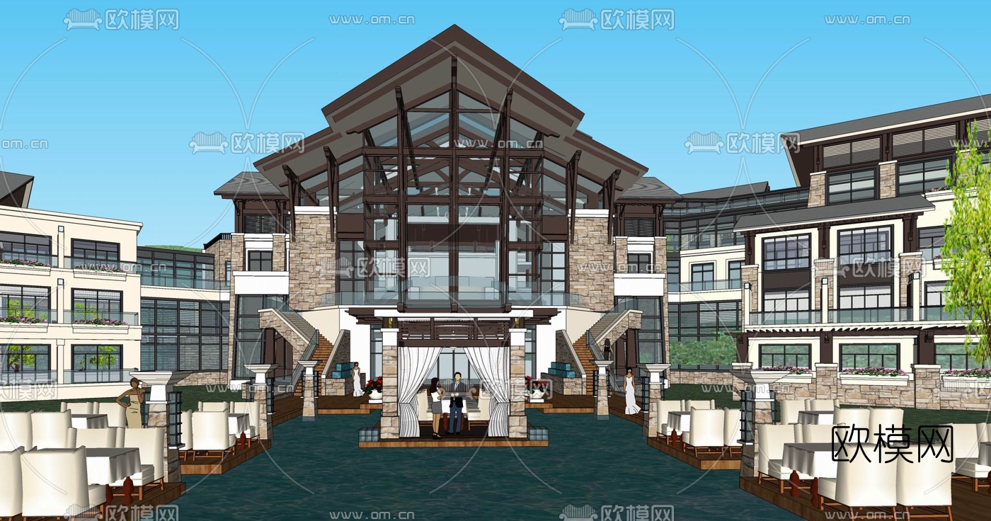 东南亚山地滨水酒店su模型下载（渲染图1）