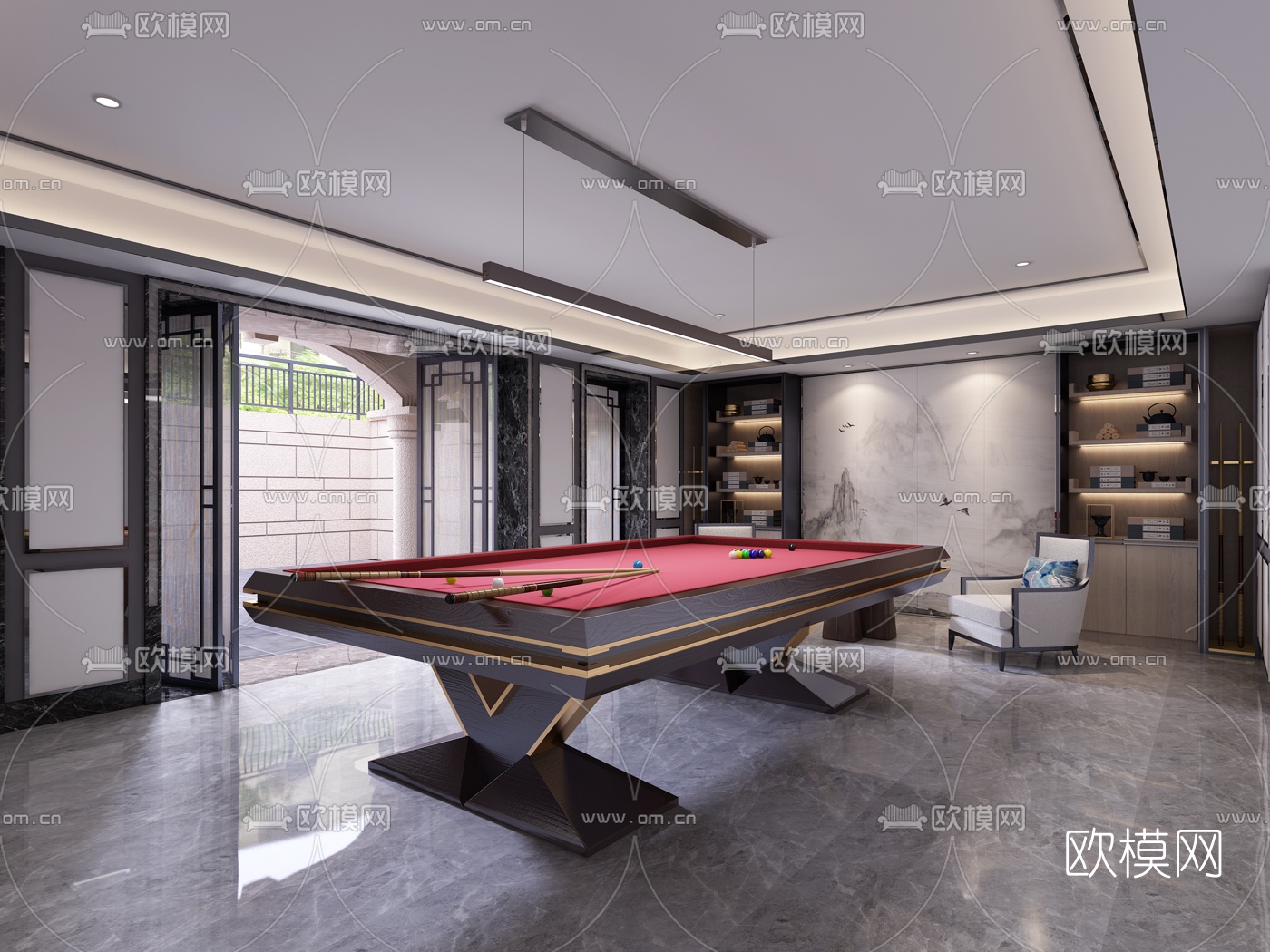 新中式别墅负一楼休息室茶室3d模型下载_ID10003481_3dmax免费模型-欧模网