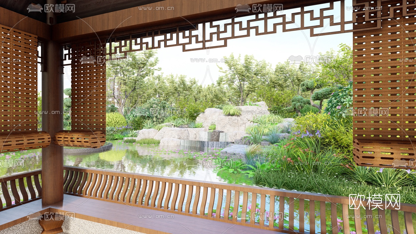 新中式园林景观su模型下载（渲染图2）
