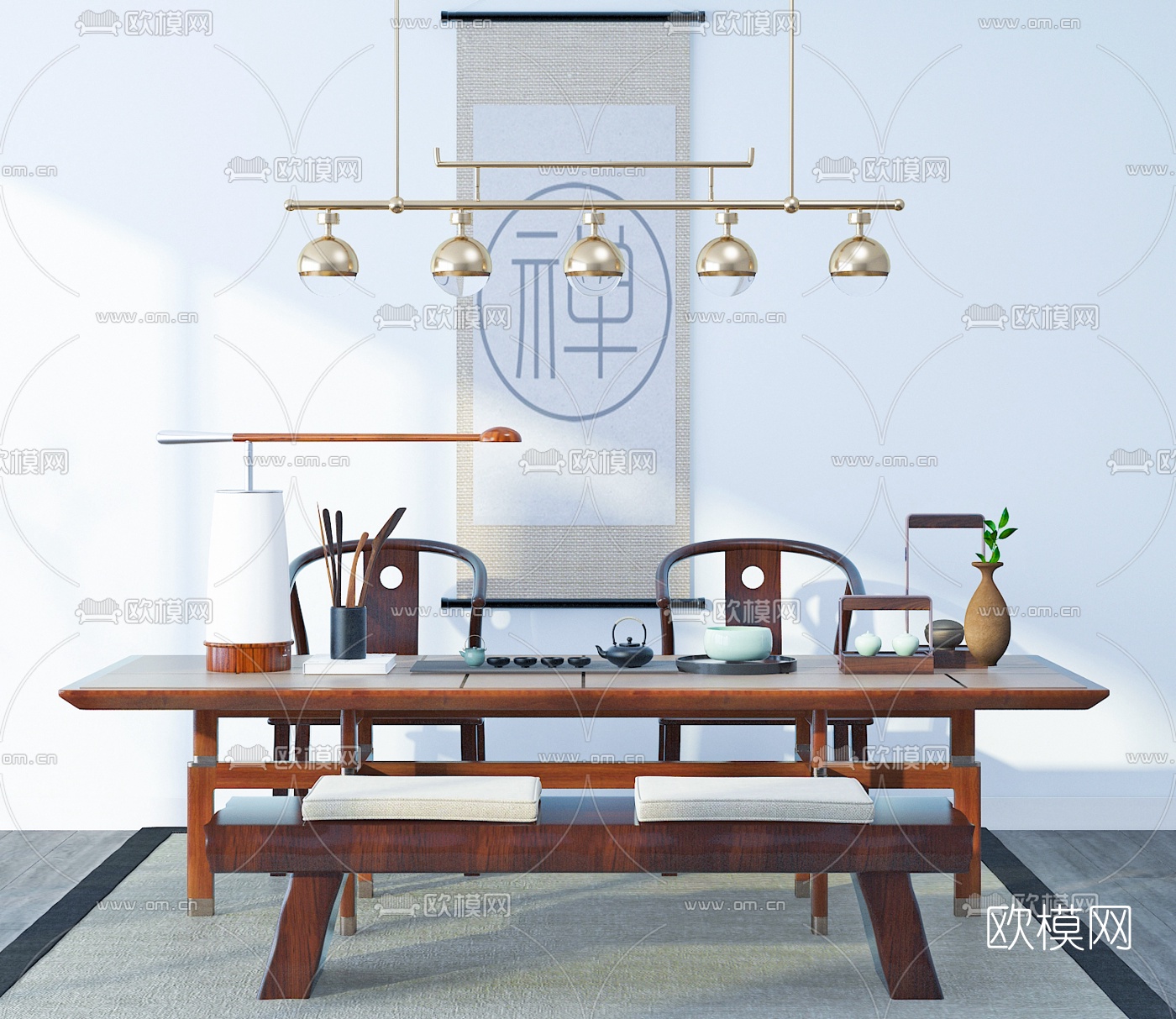 中式实木泡茶桌椅3d模型下载