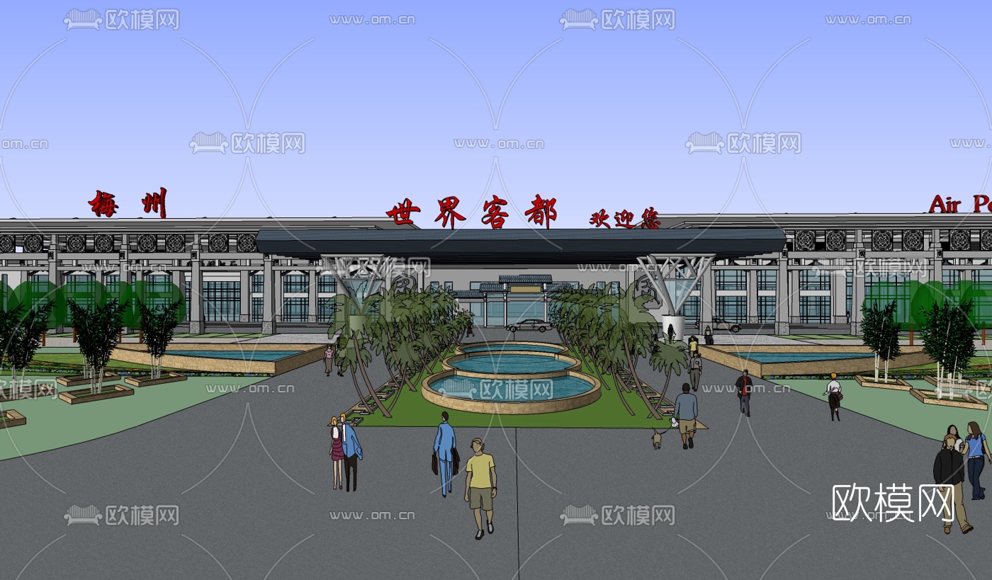 中式机场航站楼su模型下载（渲染图2）