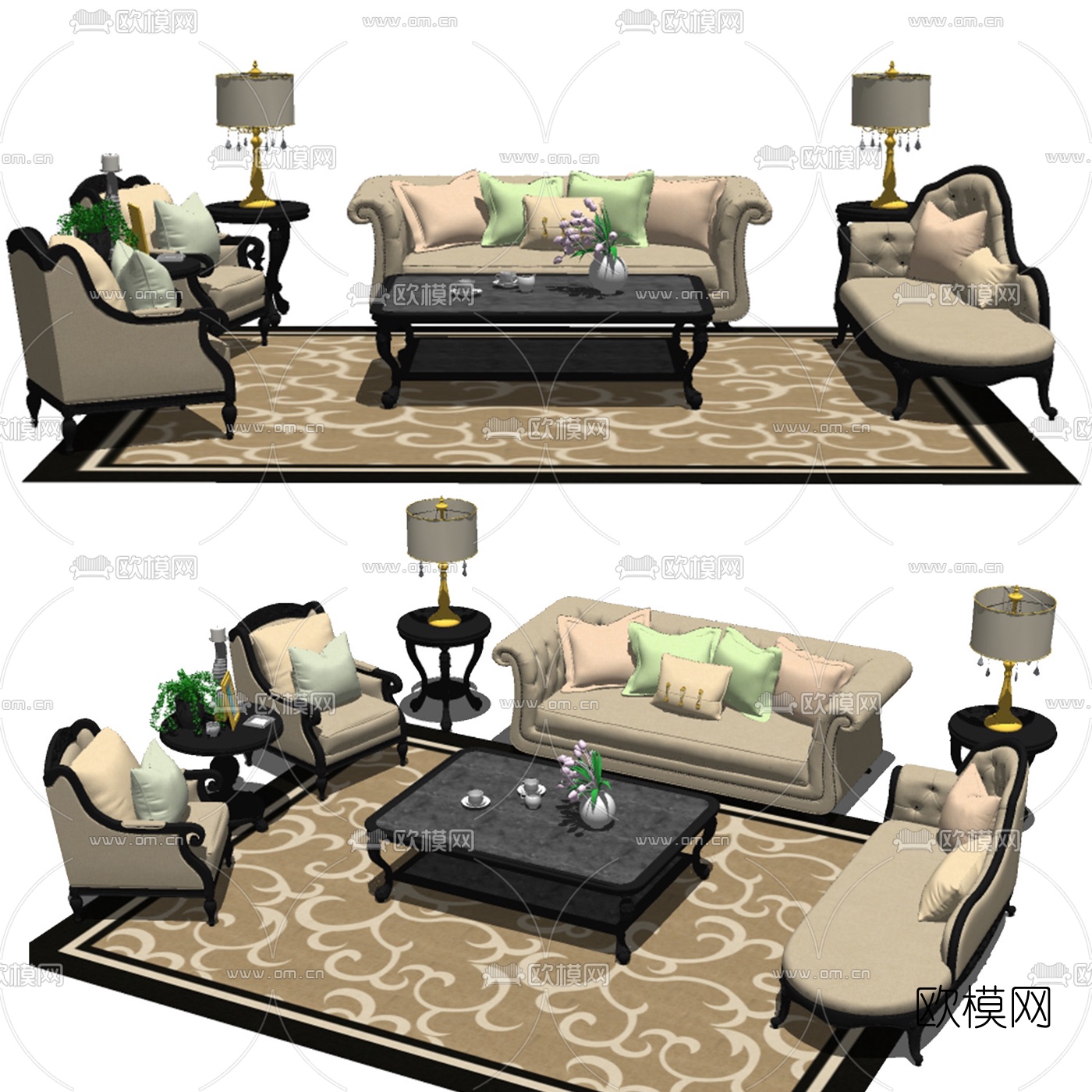 欧式皮革沙发组合免费su模型下载