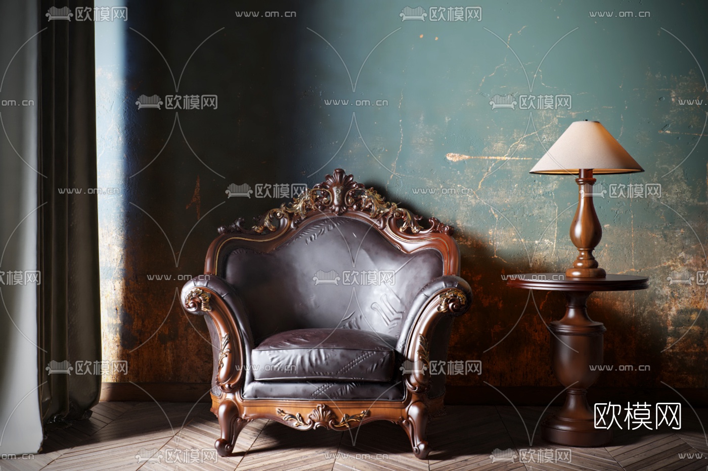 欧式单人沙发圆几摆件组合3D模型