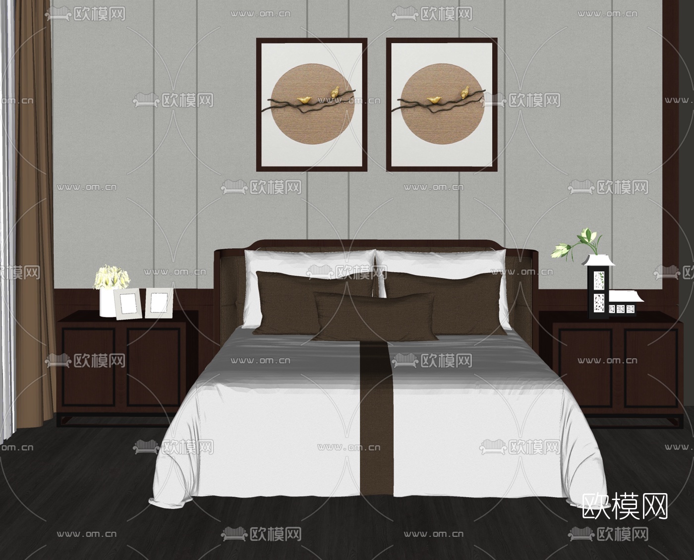 新中式双人床su模型下载（渲染图1）