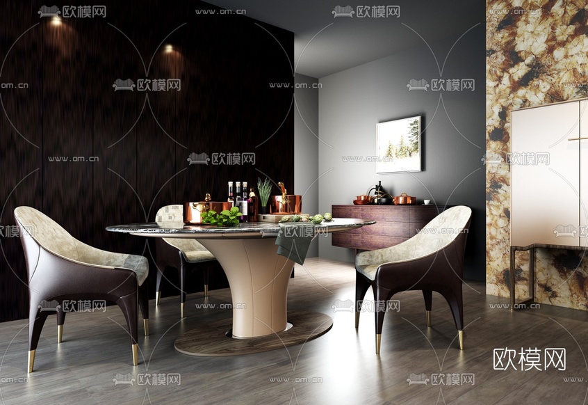 后现代餐桌椅边柜摆件组合3D模型下载