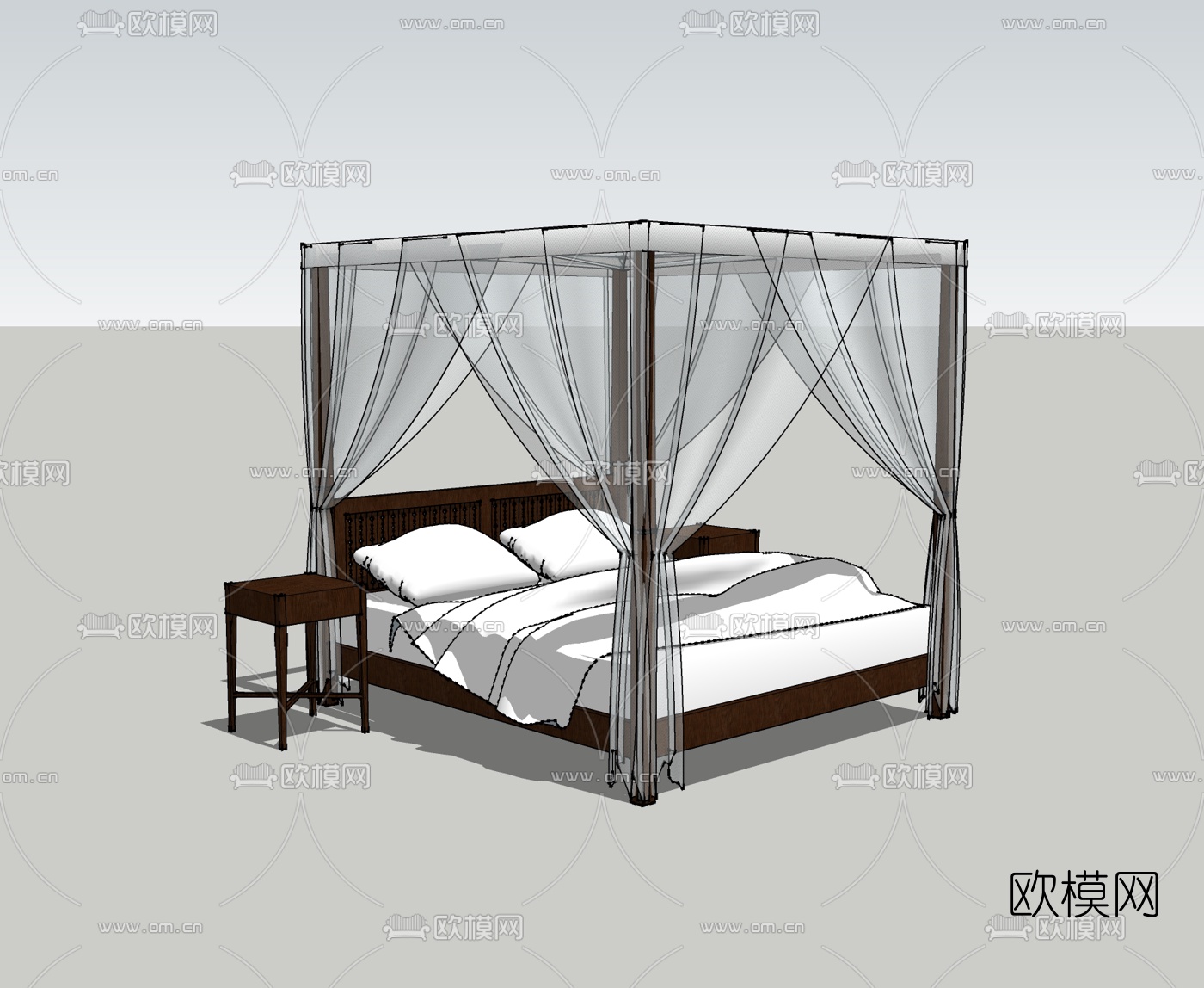 中式双人床免费su模型下载