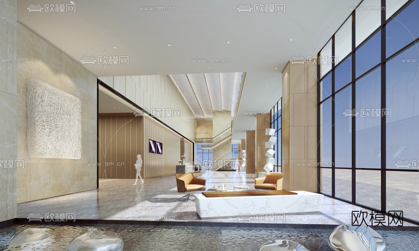 现代办公楼大堂前台3d模型下载（渲染图1）