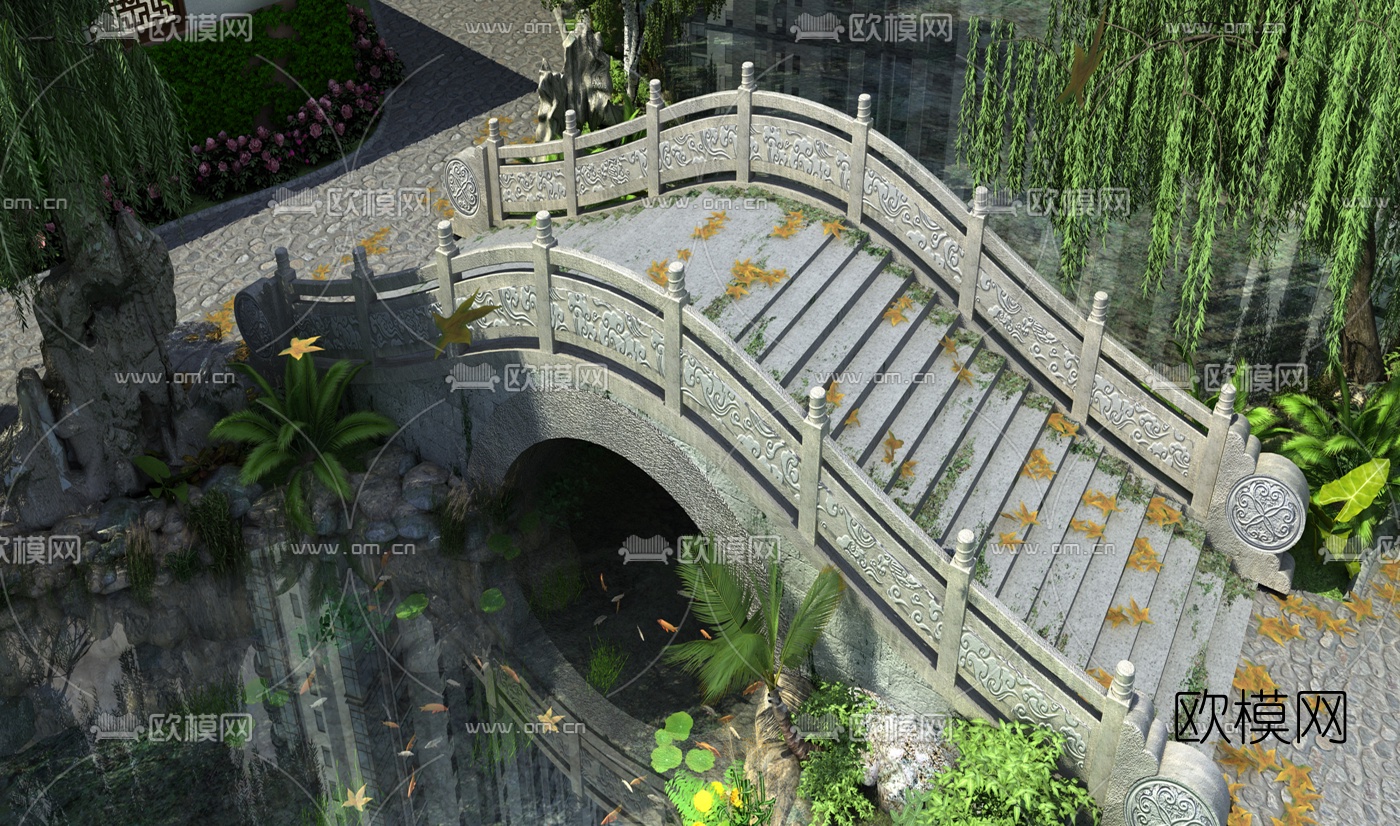 中式园林石拱桥3d模型下载