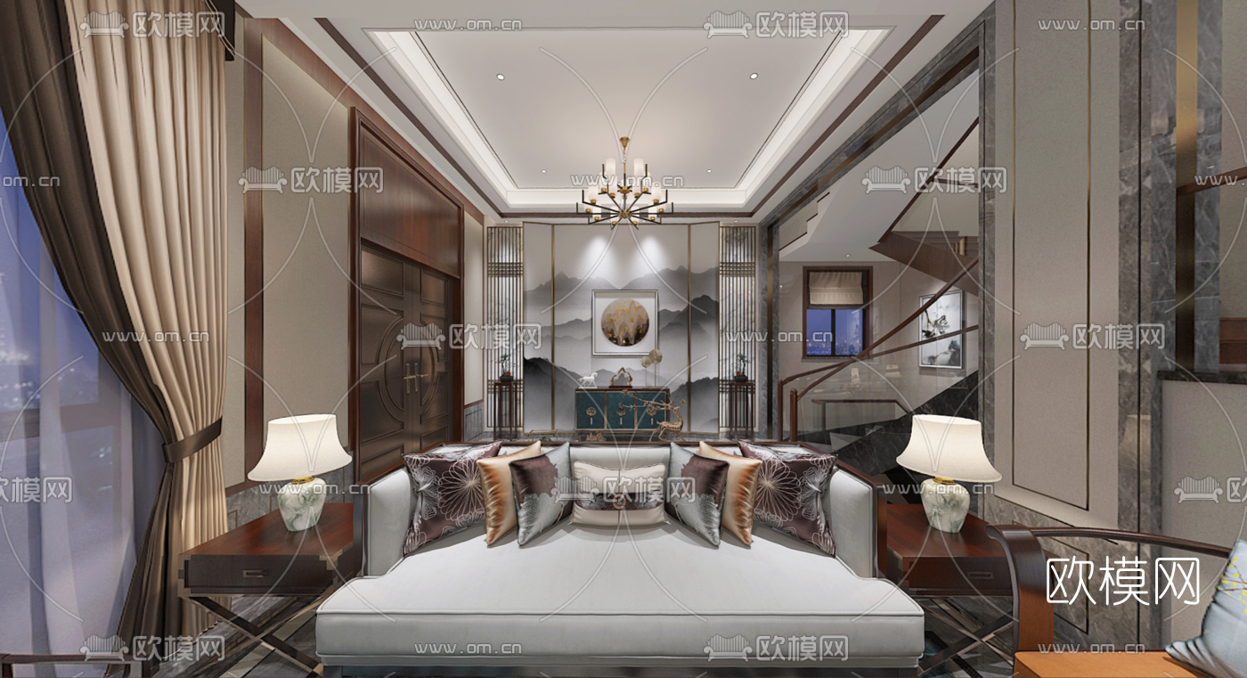 新中式别墅客厅餐厅全景3d模型
