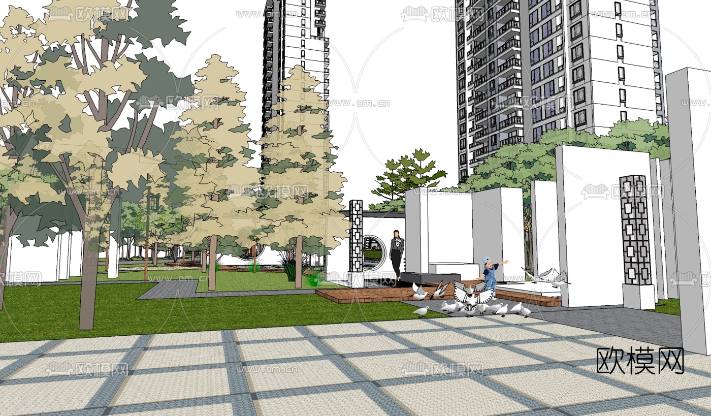 新中式小区规划su模型下载（渲染图3）