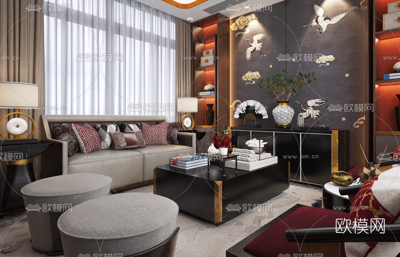 美致家居设计 新中式客厅3d模型下载（渲染图2）