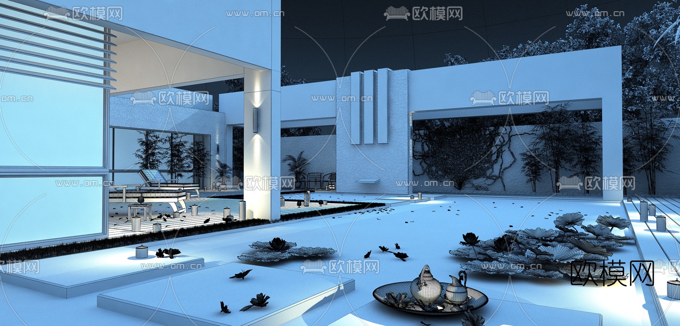 现代别墅庭院泳池3d模型下载（渲染图2）