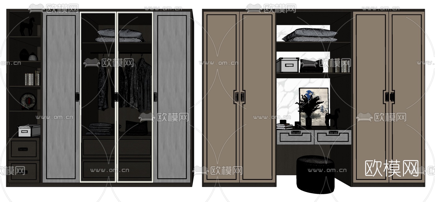 新中式梳妆台衣柜su模型下载（渲染图2）
