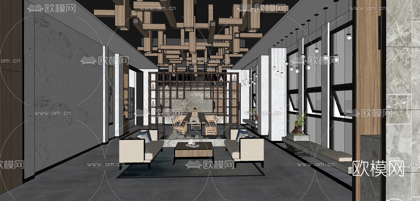 新中式SPA养生会所前台su模型下载（渲染图3）