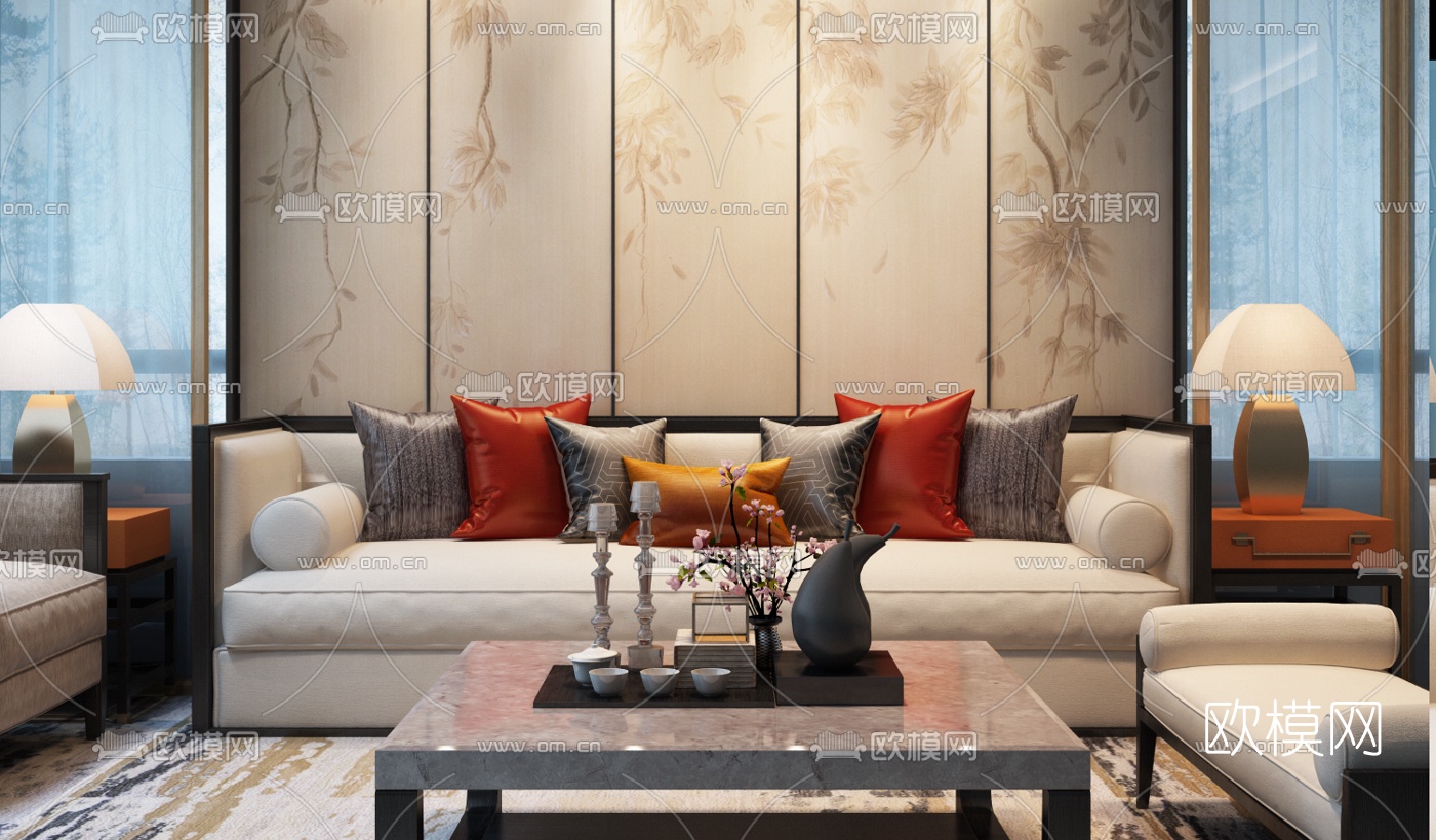 牧笛设计 中式客厅沙发组合3D模型下载（渲染图3）
