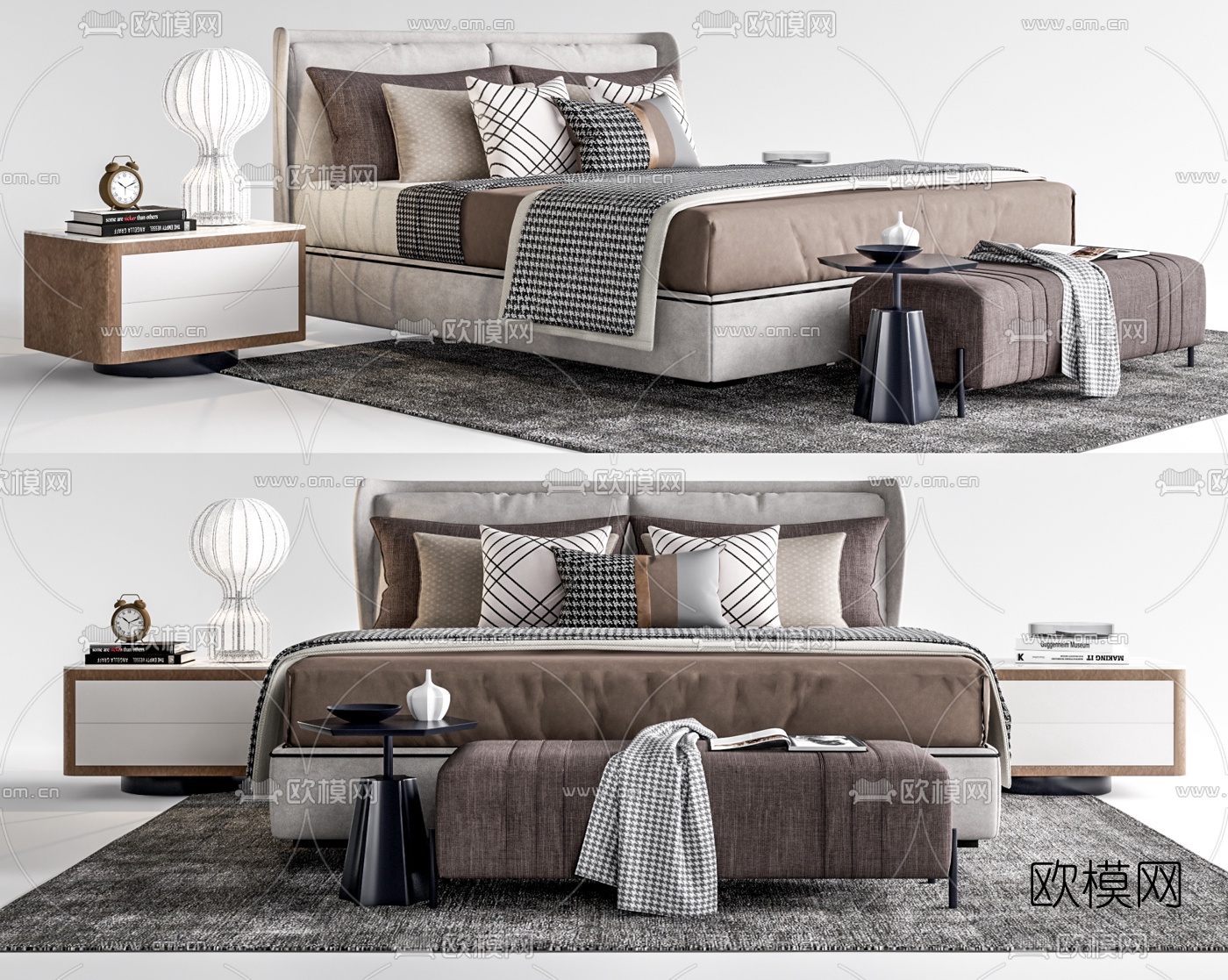 现代布艺双人床su模型下载（渲染图1）