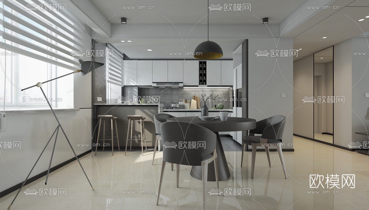 现代高级灰客厅餐厅3d模型