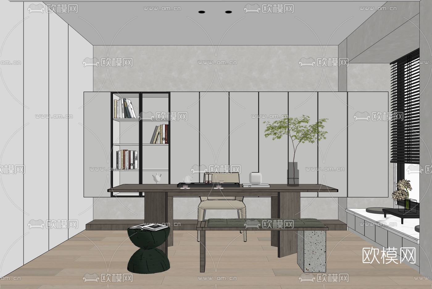 新中式书房su模型下载（渲染图2）