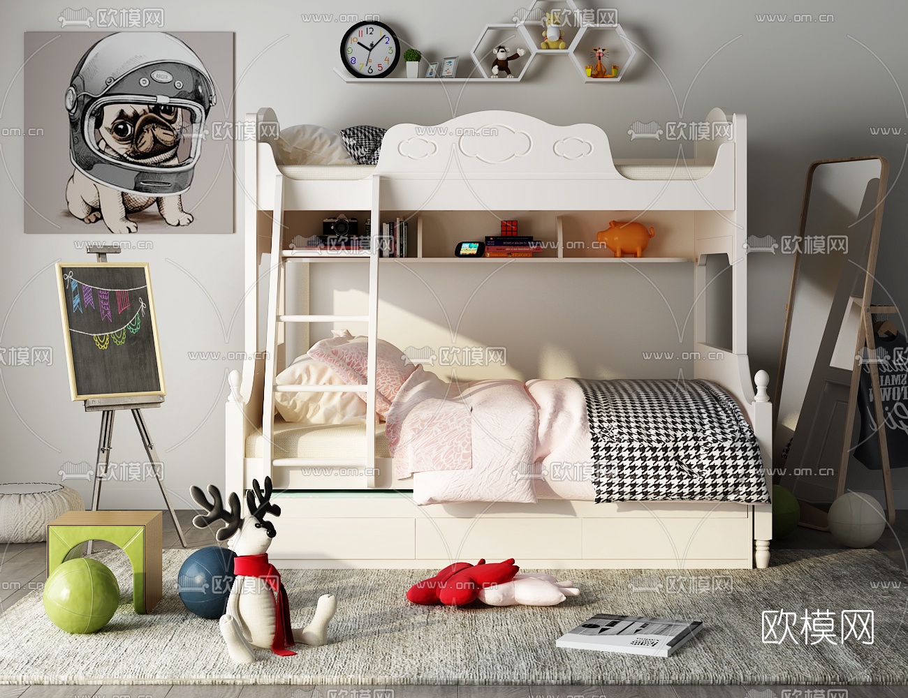 现代儿童上下床玩偶组合3D模型下载