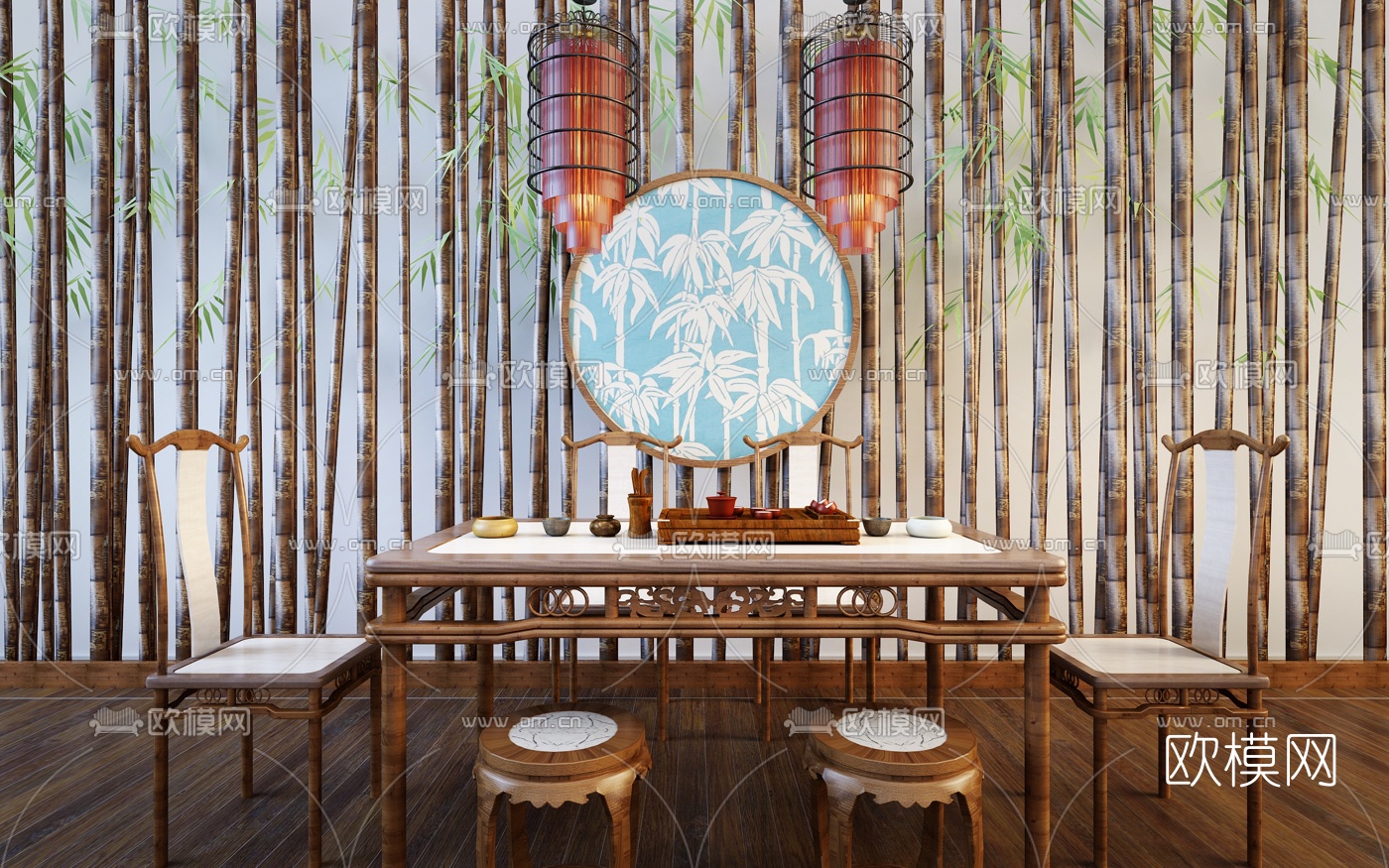 中式禅意泡茶桌椅鸟笼吊灯竹排墙饰组合3D模型下载（渲染图1）