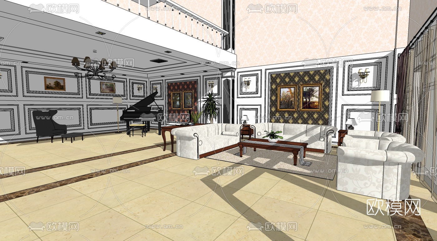 欧式复式客厅免费su模型下载（渲染图4）