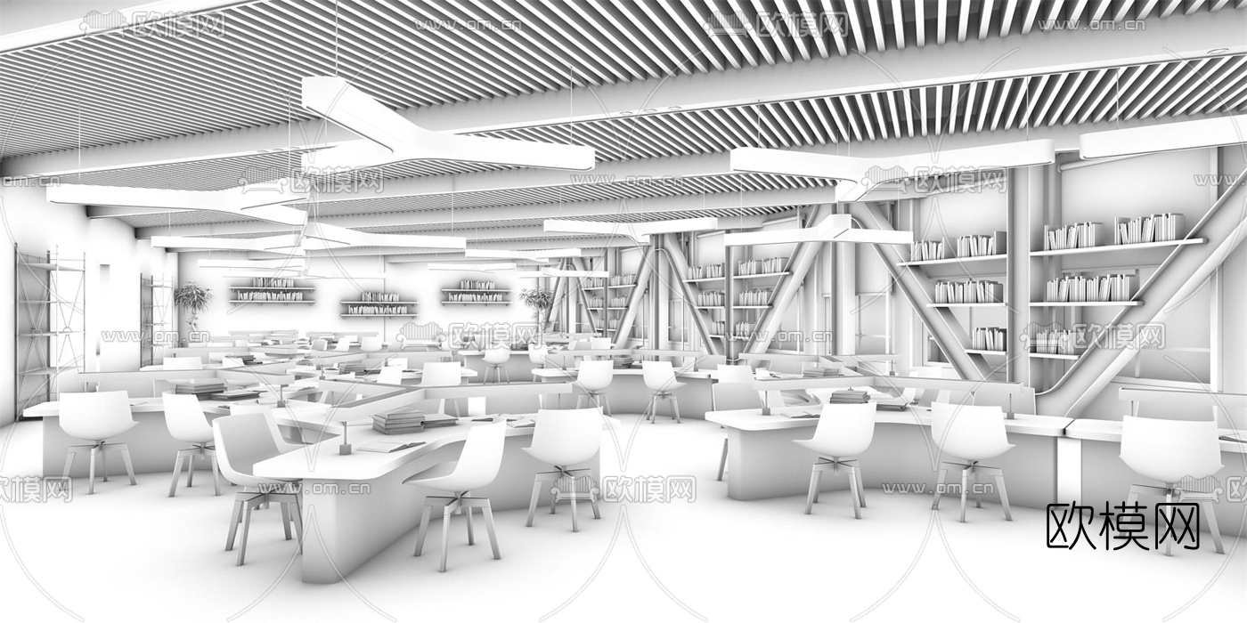 现代图书馆阅览室桌椅吊灯组合3D模型
