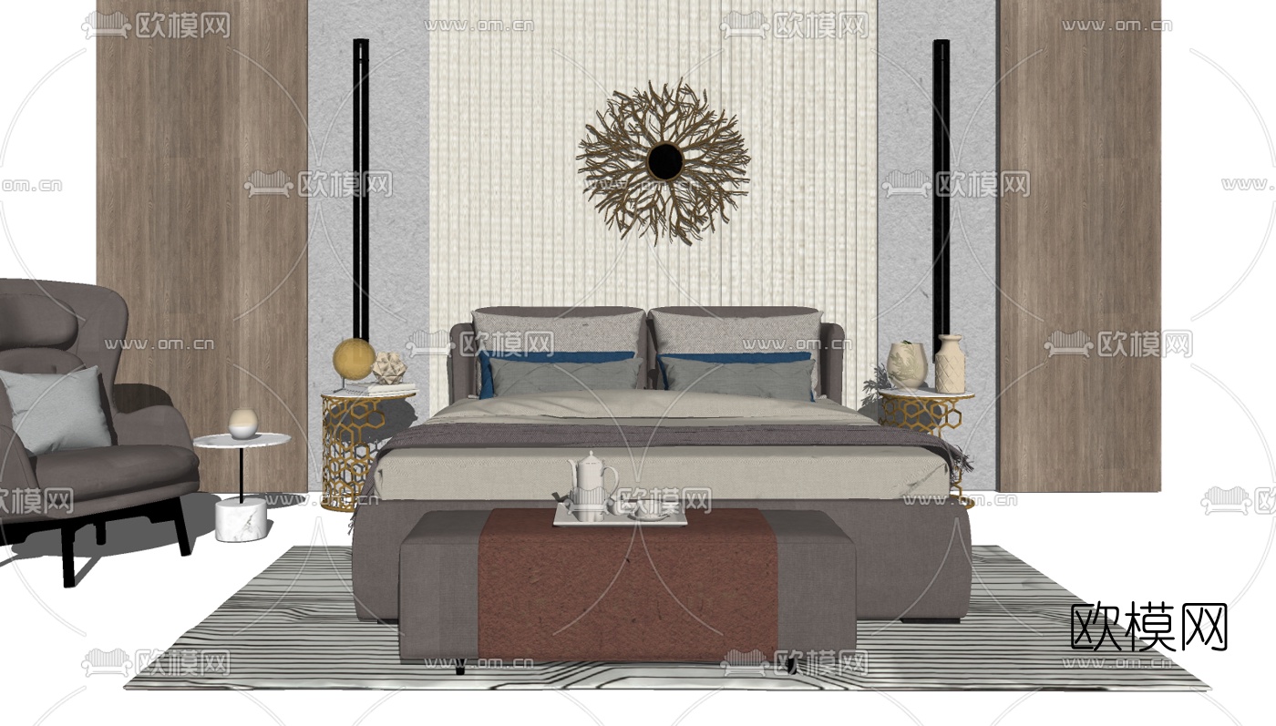 现代布艺双人床su模型下载（渲染图2）