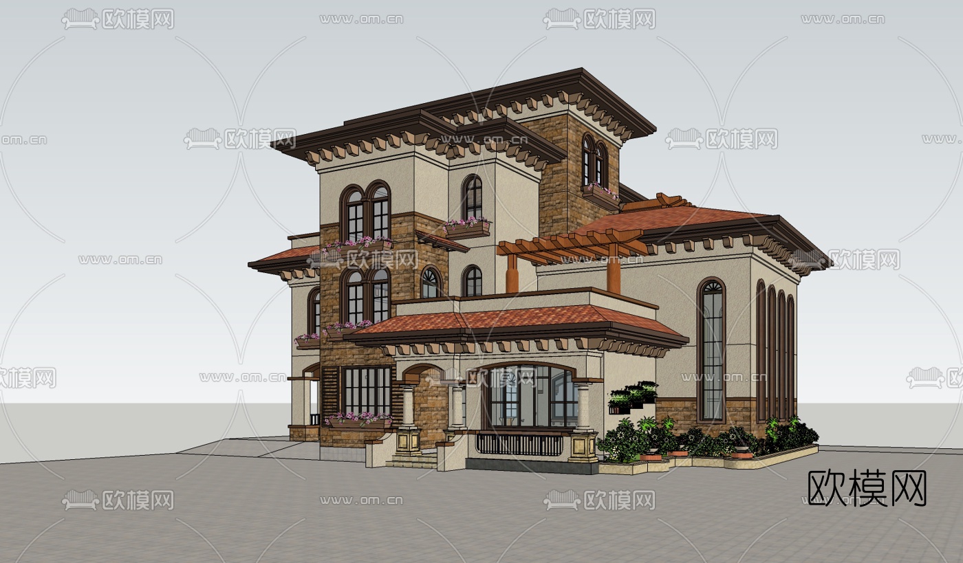 欧式独栋别墅su模型下载（渲染图2）