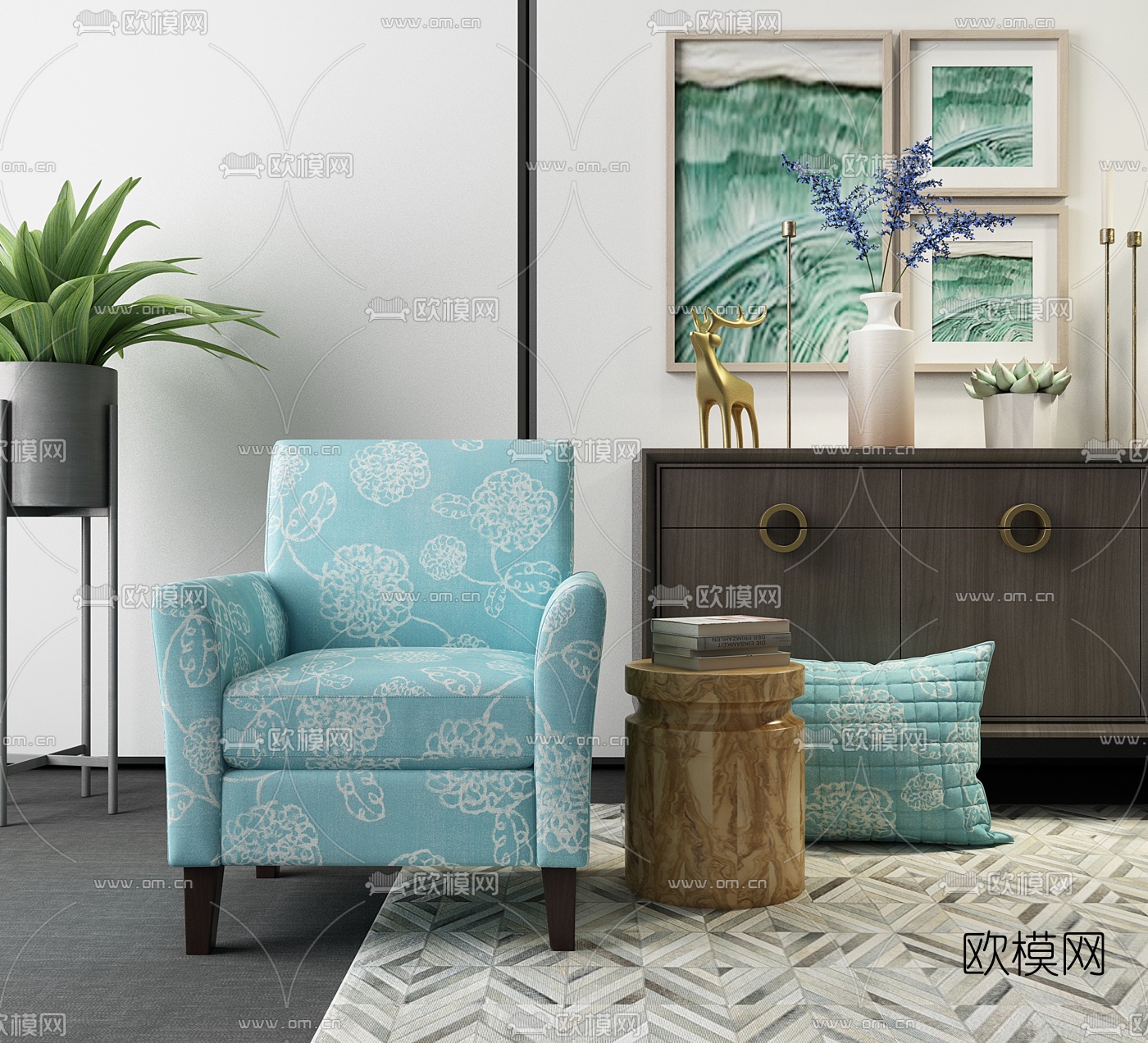 新中式沙发端景台圆几摆件组合3D模型下载