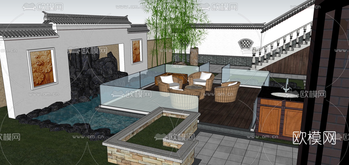 新中式庭院花园设计su模型下载（渲染图8）