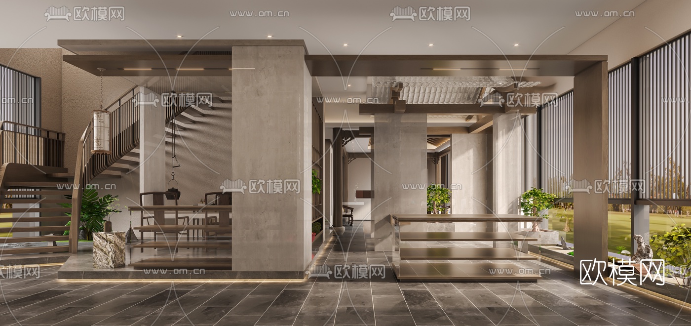 新中式茶楼走廊过道3d模型