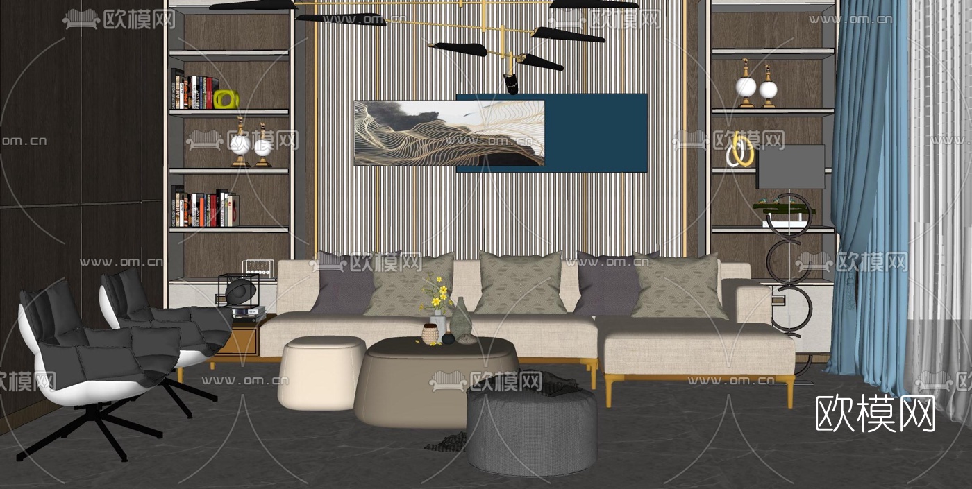 现代轻奢布艺沙发组合su模型下载