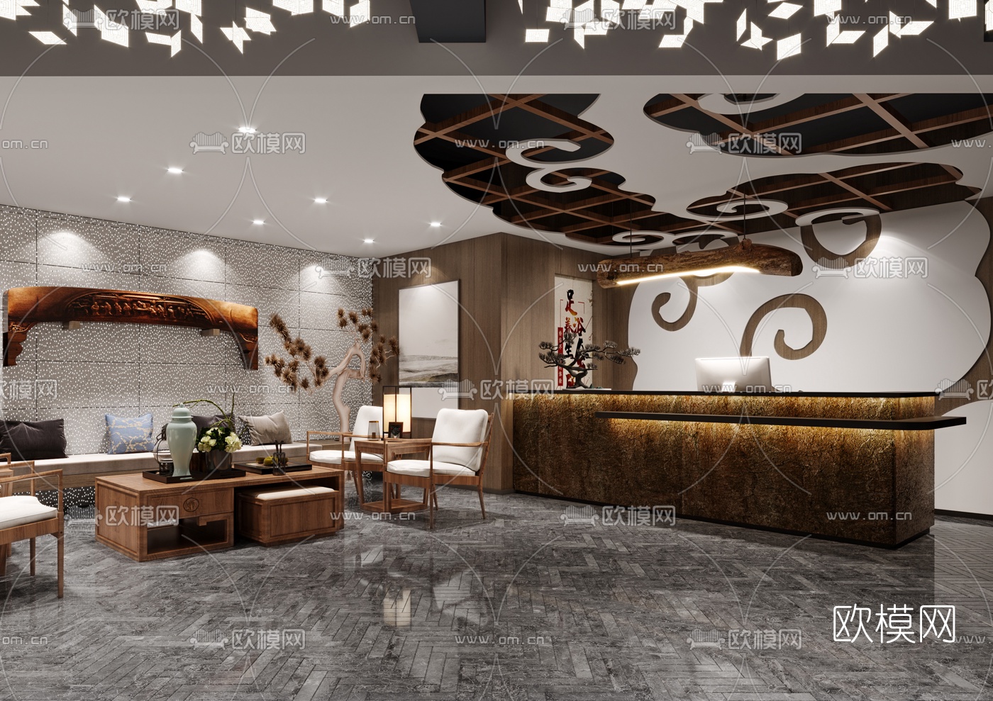 新中式足浴沐足前台3d模型下载（渲染图2）