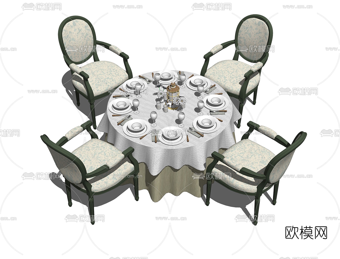 美式圆形餐桌椅su模型下载