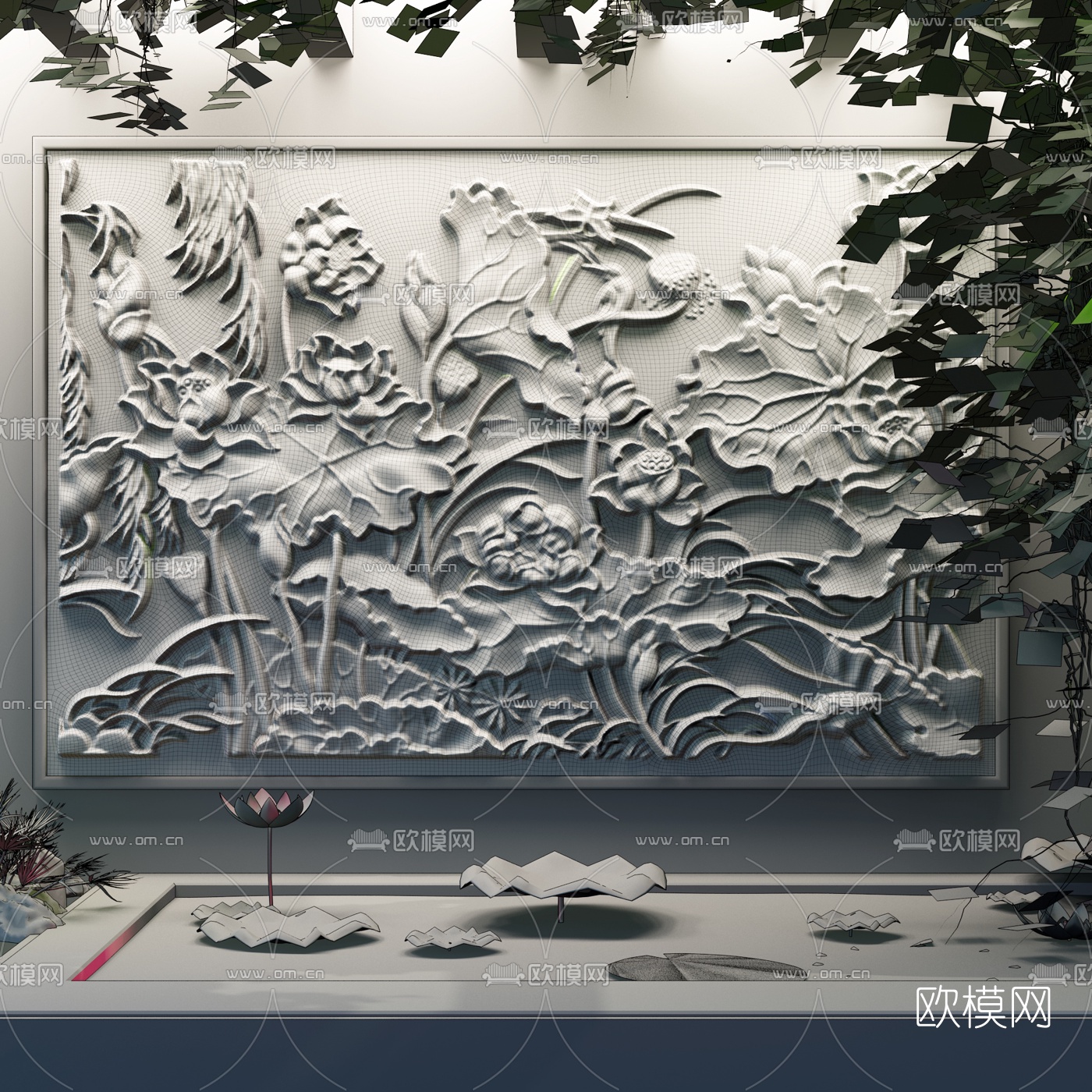 新中式荷花浮雕3d模型