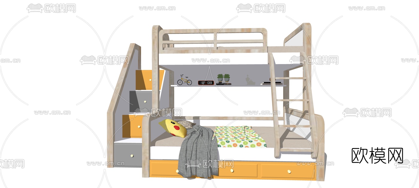 北欧实木儿童高低床su模型下载（渲染图2）