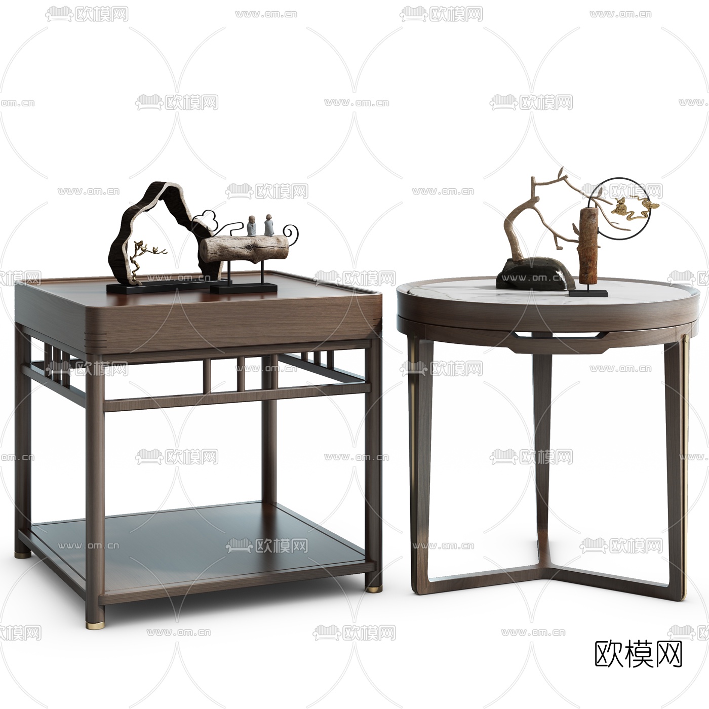 新中式实木圆几角几3d模型