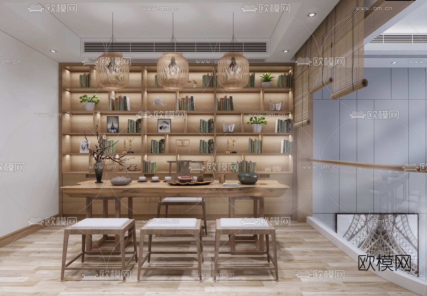 新中式别墅客厅餐厅书房3d模型下载（渲染图4）