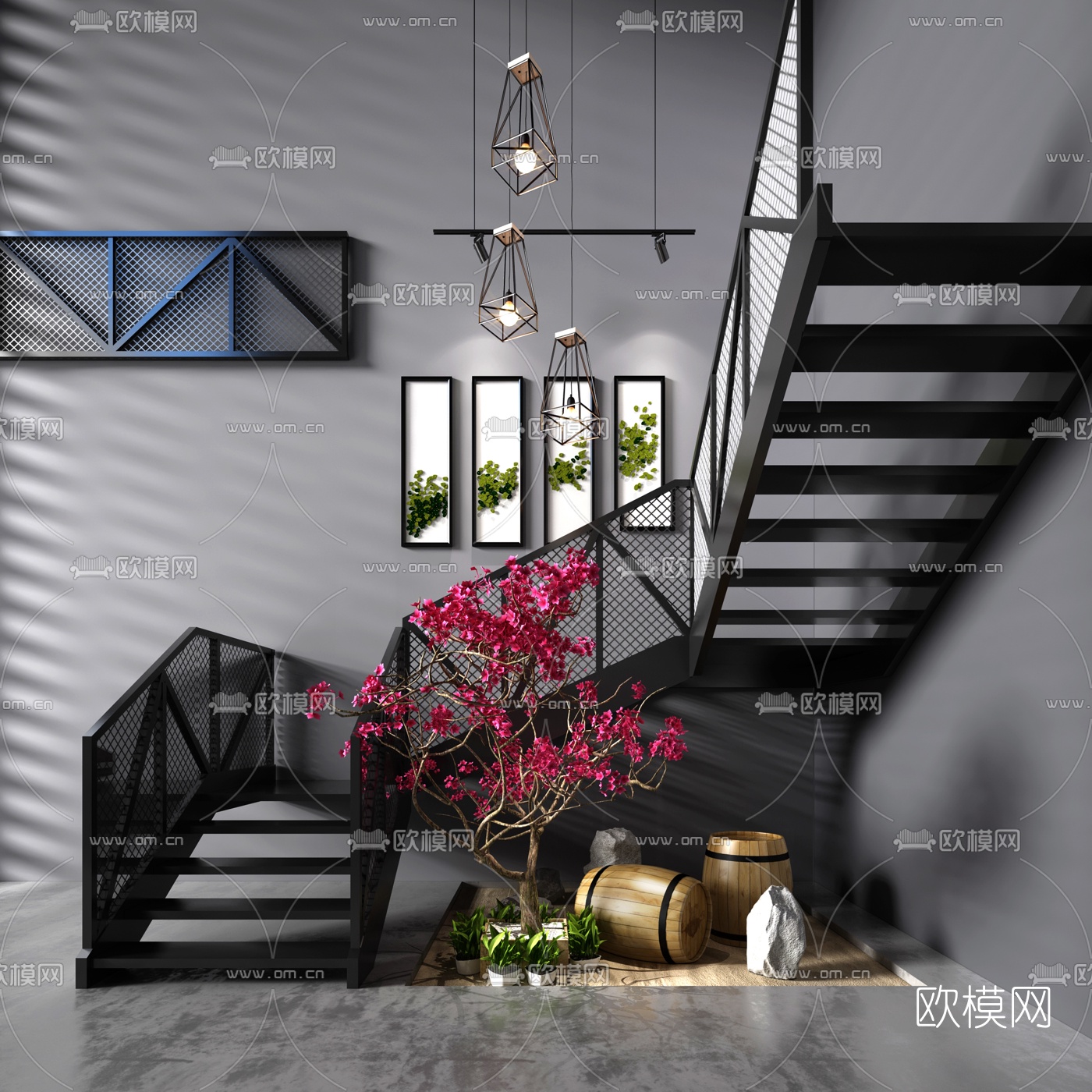 工业风转角楼梯吊灯摆件组合3D模型下载