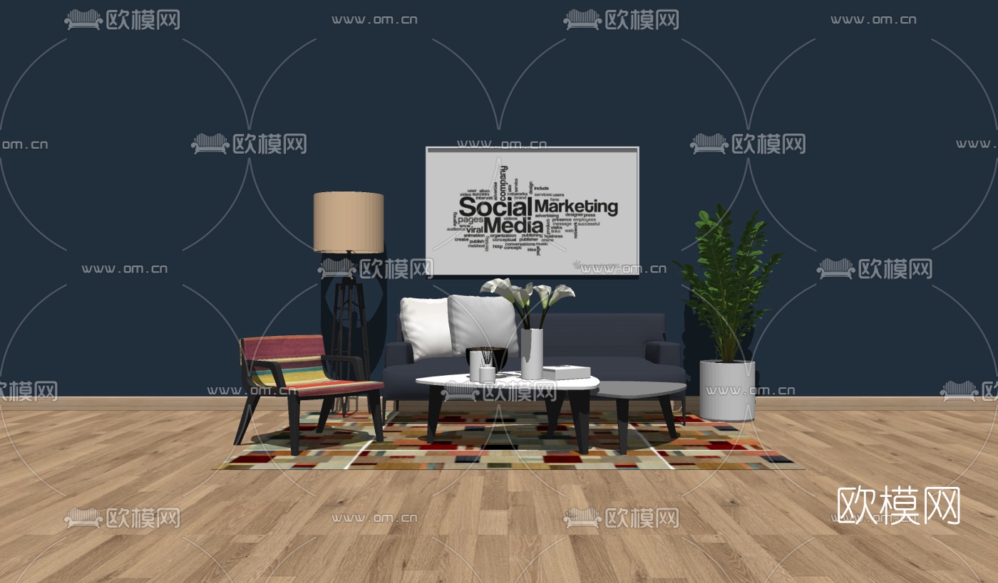 北欧沙发组合su模型下载（渲染图2）