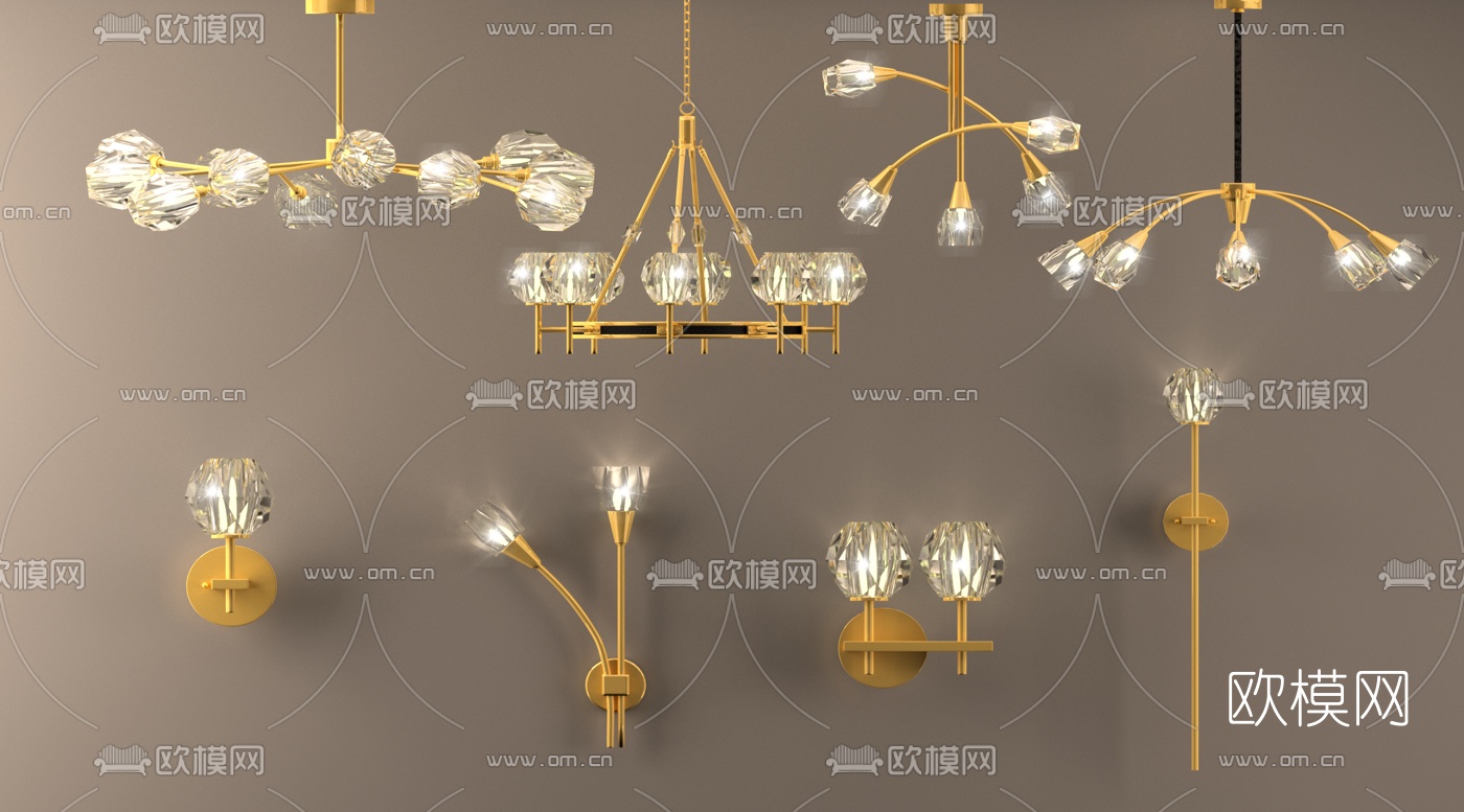 美式轻奢水晶吊灯壁灯组合3D模型下载_ID10196876_3dmax免费模型-欧模网