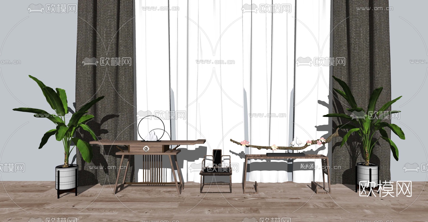 新中式实木端景条案su模型下载