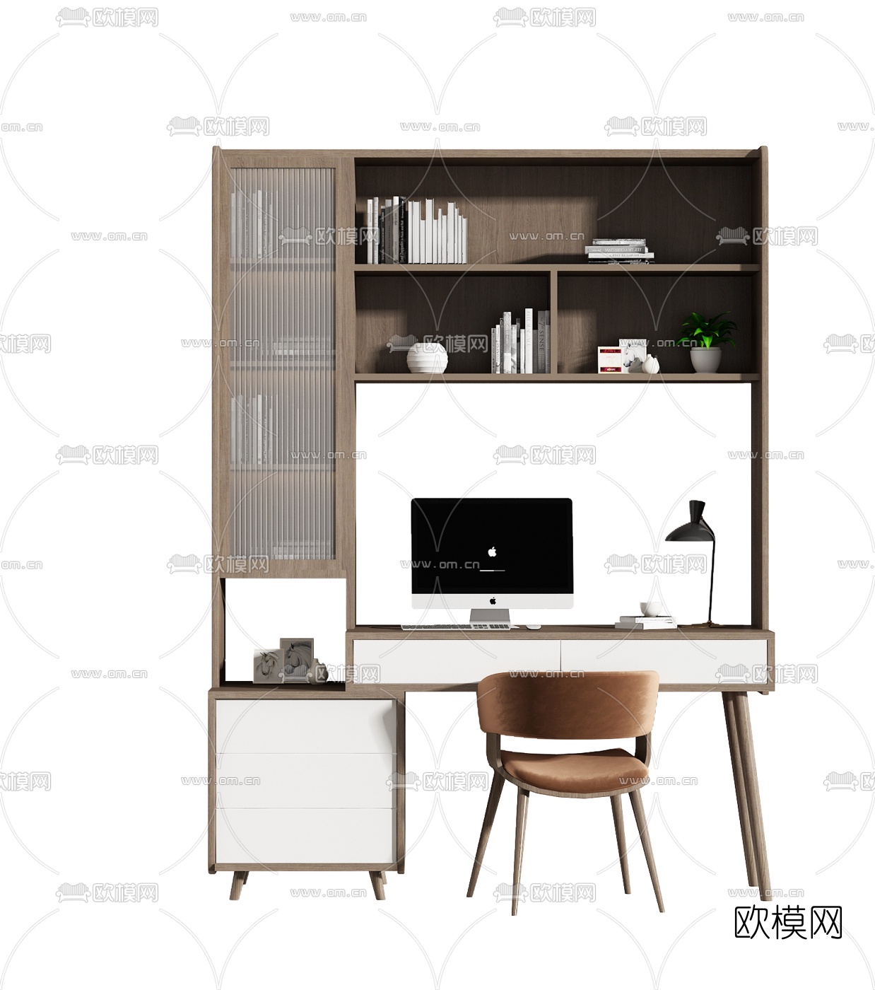 北欧原木书桌椅3d模型下载