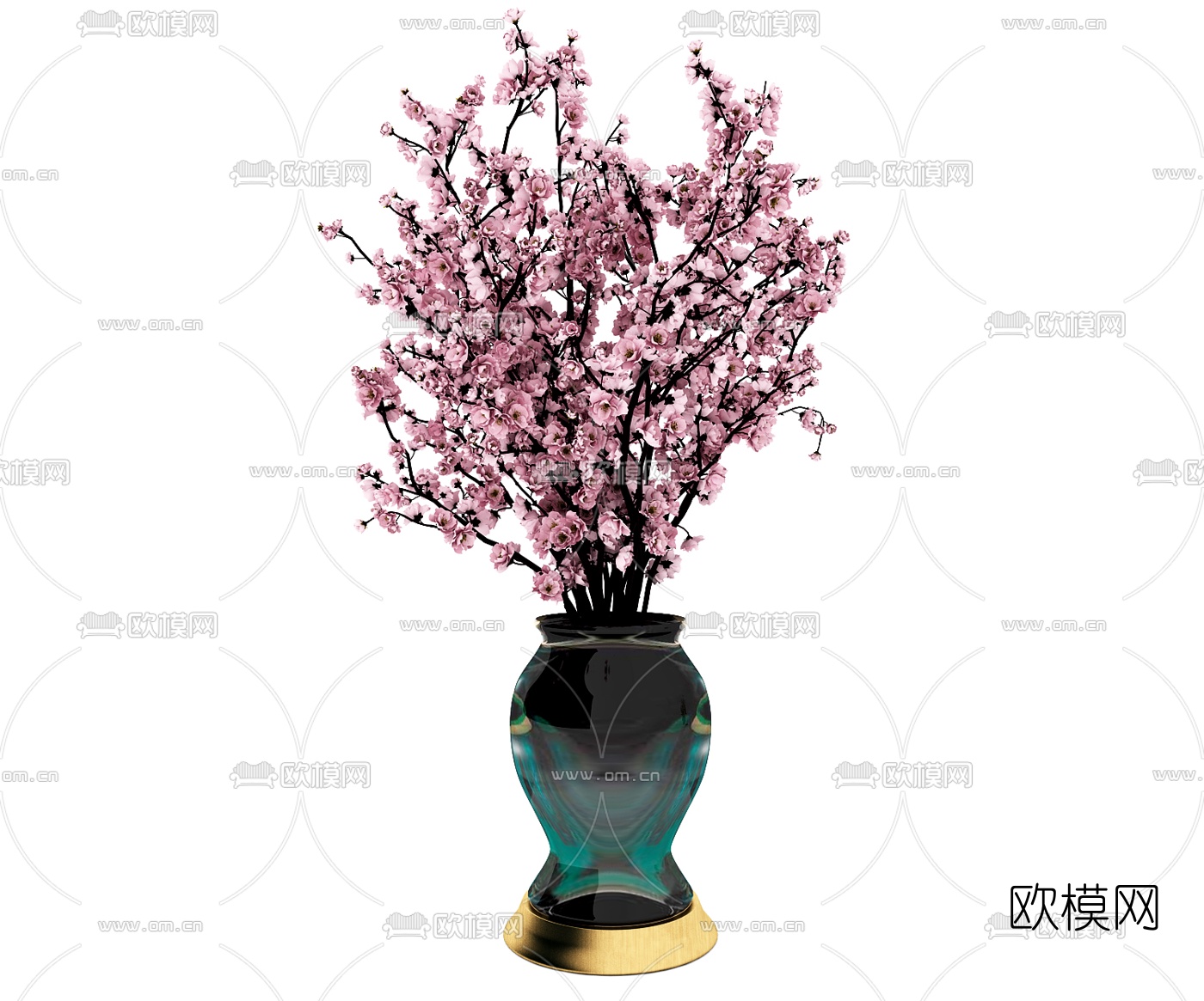 中式陶瓷玻璃花瓶插花组合3D模型下载（渲染图3）