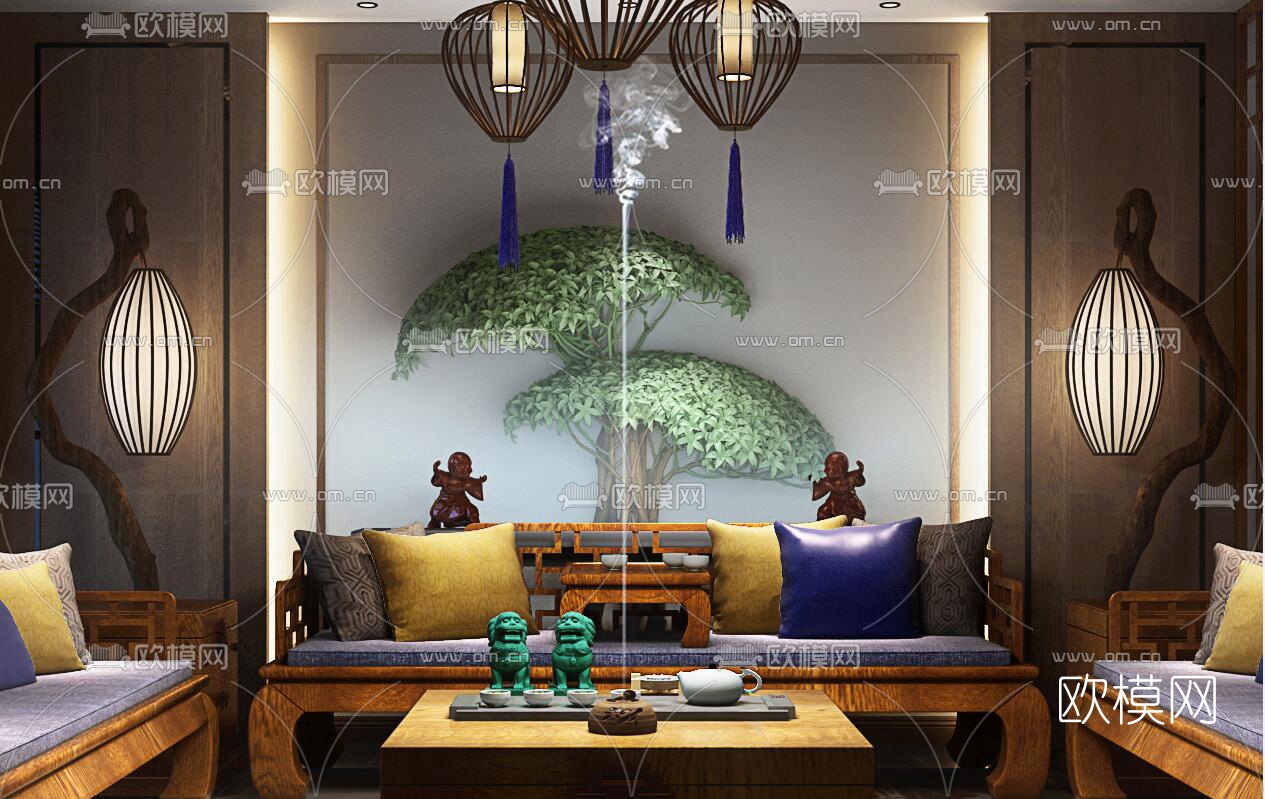 新中式奢华会客室3d模型下载（渲染图5）