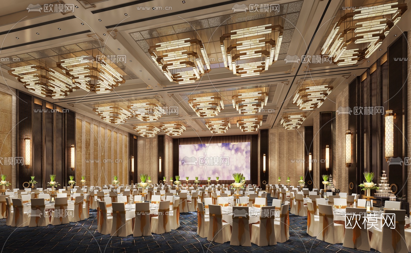 新中式宴会厅su模型下载（渲染图1）