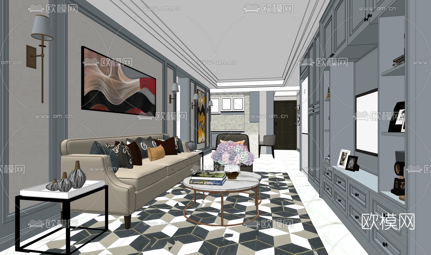 简欧客厅餐厅su模型下载