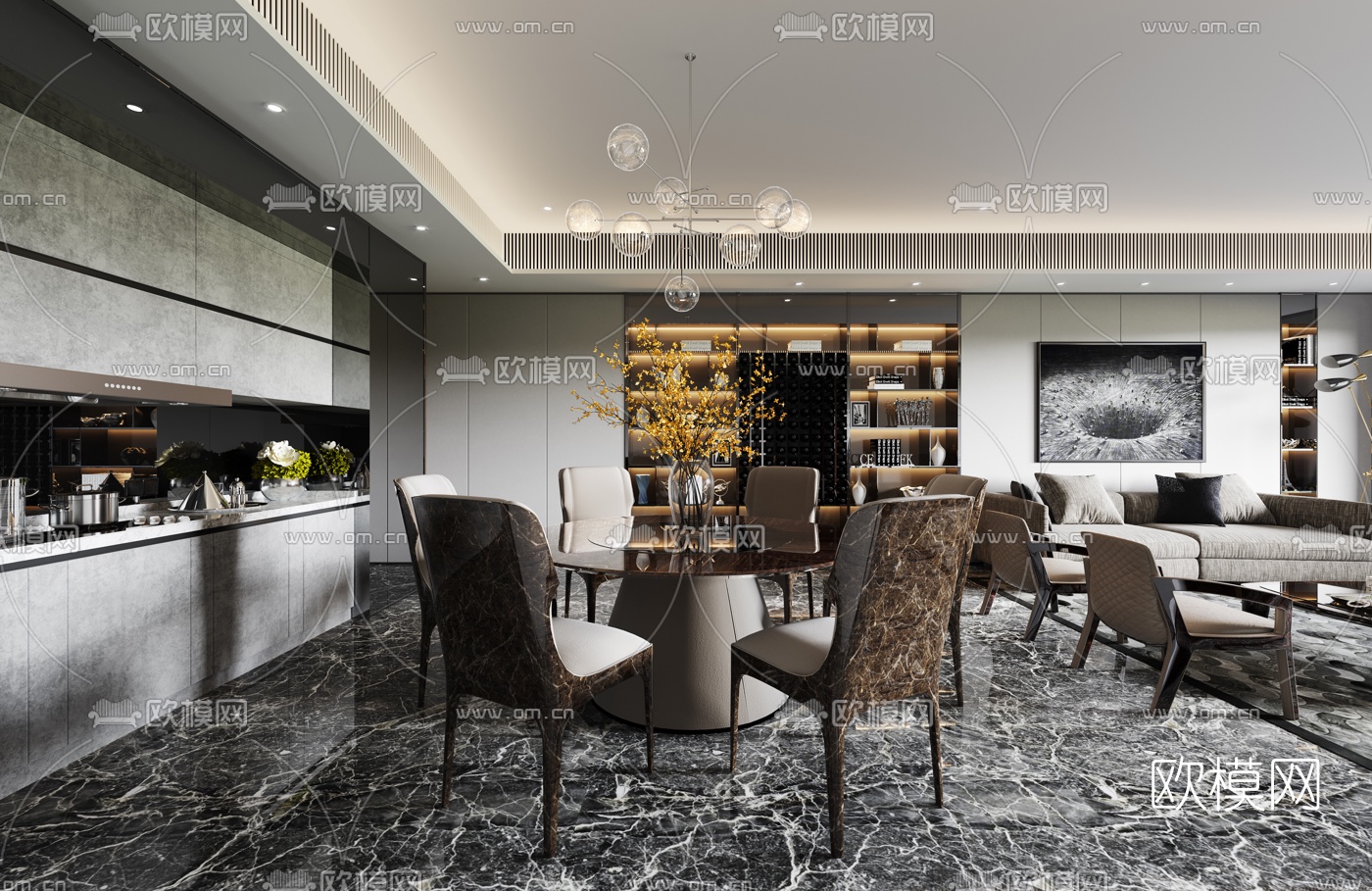 现代轻奢客厅餐厅3d模型下载（渲染图3）