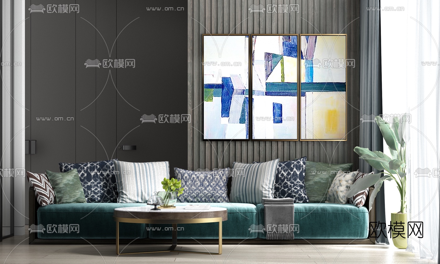 现代轻奢绒布多人沙发3d模型下载